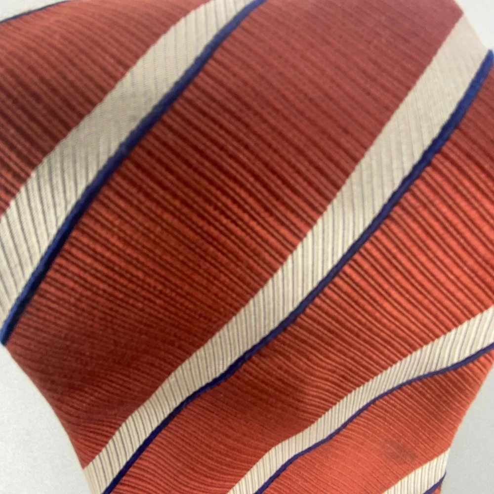 Henry Jacobson Silk Wool Striped Tie Rust Orange Cream Navy Handmade‎ 59.5x4